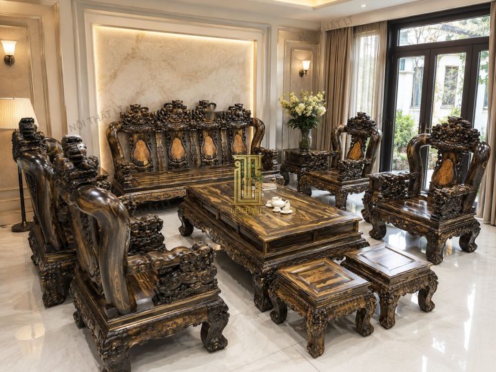 Salon Gỗ Mun Sọc Tay 16 Chạm Nghê 10 Món Đẳng Cấp – SL01