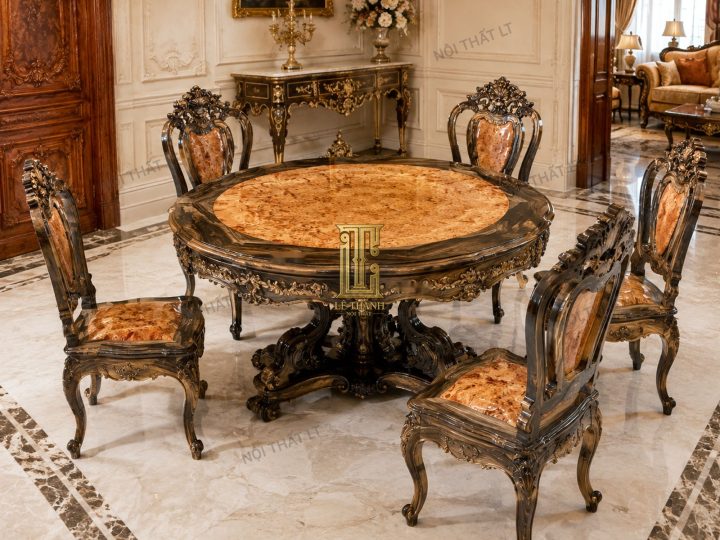 Bộ Bàn Ăn Tròn Mun Sọc Tân Cổ Điển Mặt Nu – BA06